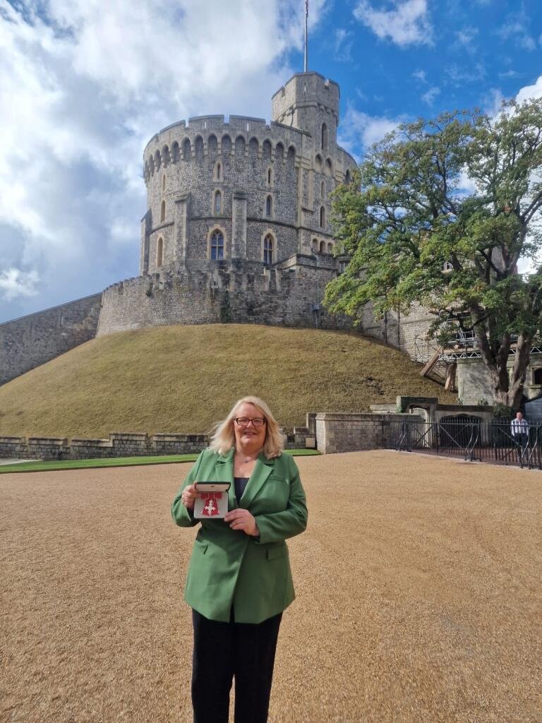 Lynn Williams MBE Leader of Blackpool Council with Her MBE awarded by Princess Anne